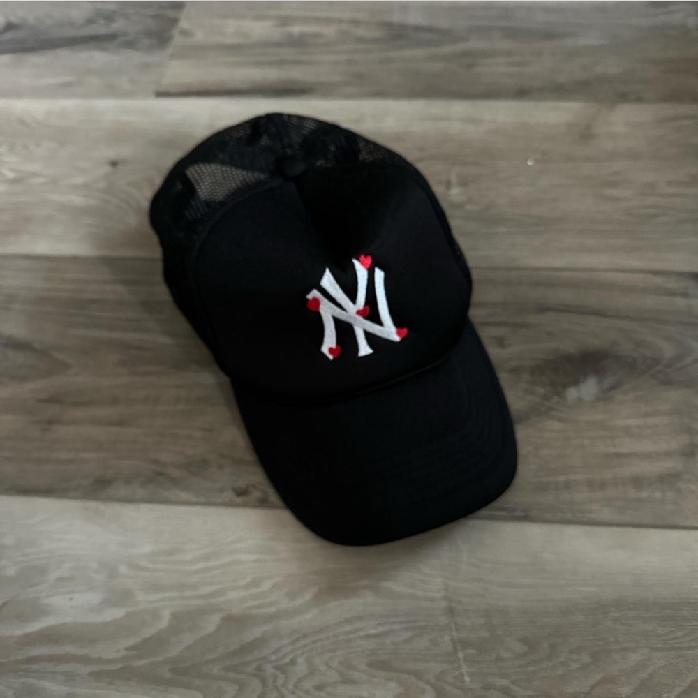Black Cap with White Logo and Red Hearts